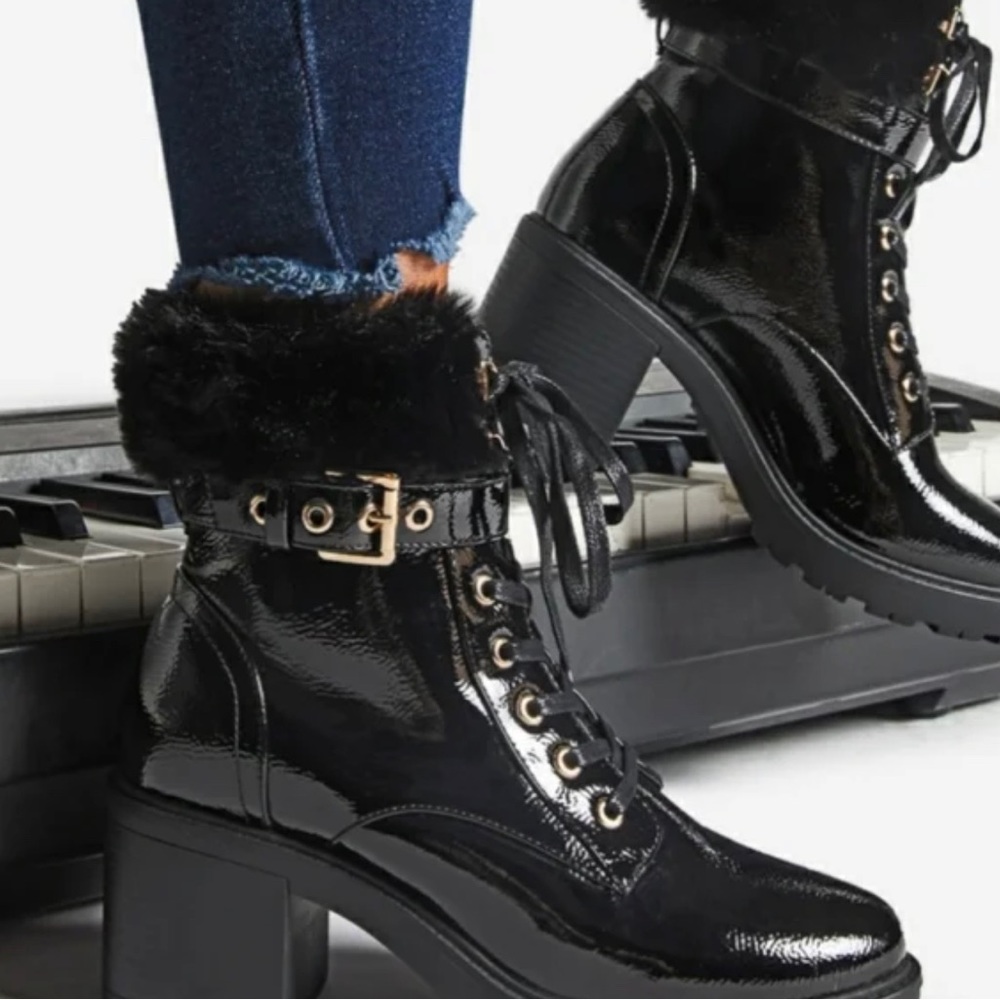 Shoe Dazzle Black Patent Faux Fur Lace-Up Ankle Boots